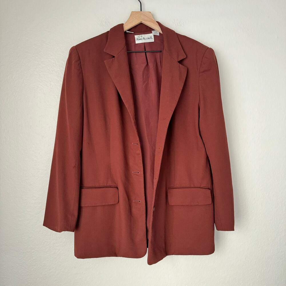 Vintage Anne Klein Women's 100% Wool Coat Blazer Rust Shoulder Pads Size 14